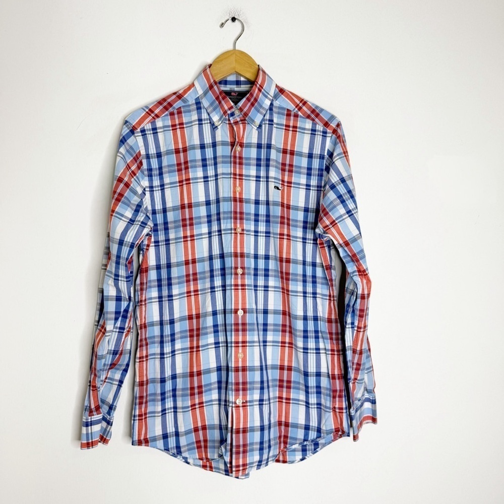 Vineyard Vines Slim Fit Red Blue Plaid Whale Shirt M